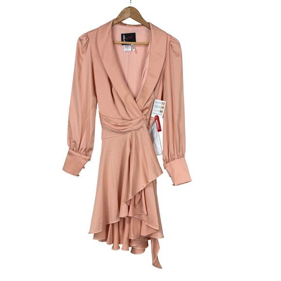 Mac Duggal NWT Salmon Peach Bishop Long Sleeve Satin Short Wrap Dress Size 0 - Picture 3 of 10